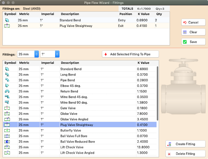 Pipe Flow Wizard Software Fittings Database Screen