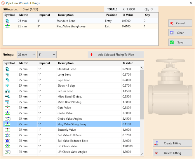Pipe Flow Wizard Software Fittings Database Screen