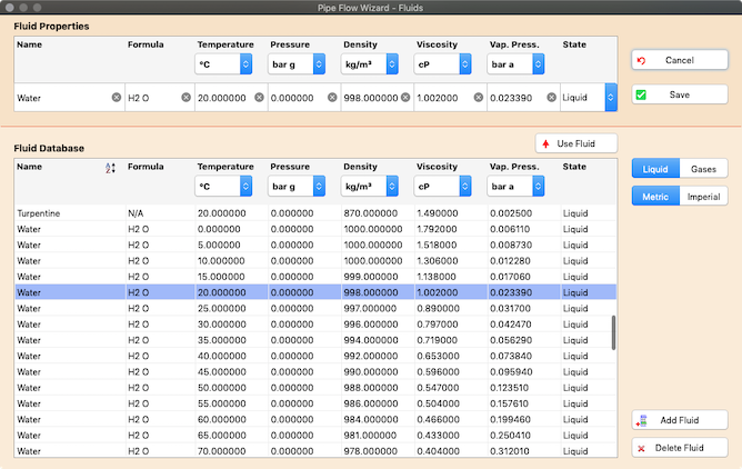 Pipe Flow Wizard Software Fluid Database Screen (macOS)