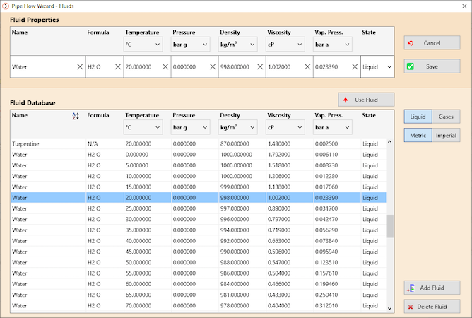 Pipe Flow Wizard Software Fluid Database Screen (Windows)