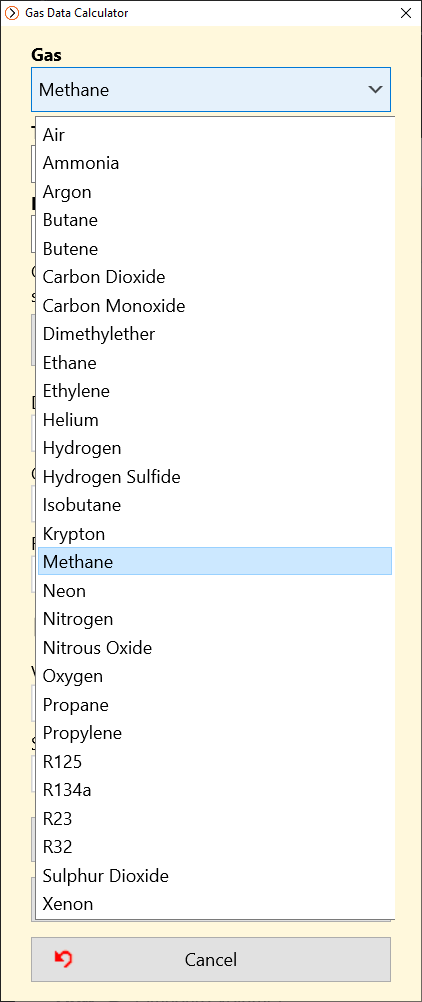 Pipe Flow Wizard Gas Calculator - Gas Selector (Windows)