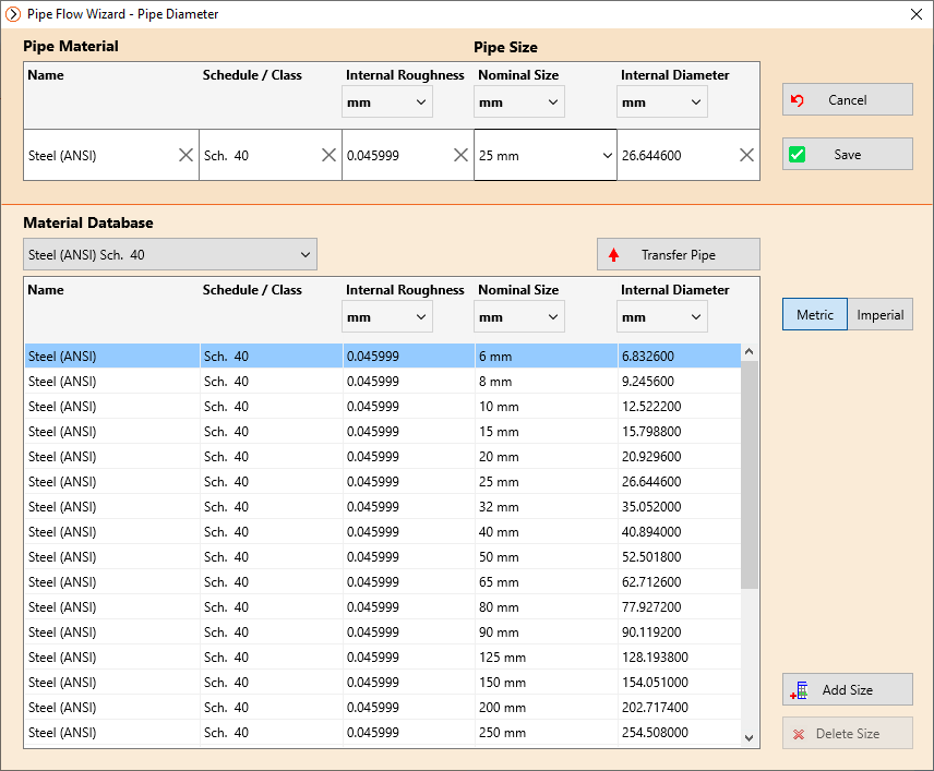 Pipe Flow Wizard Software Pipe Database Diameters Screen