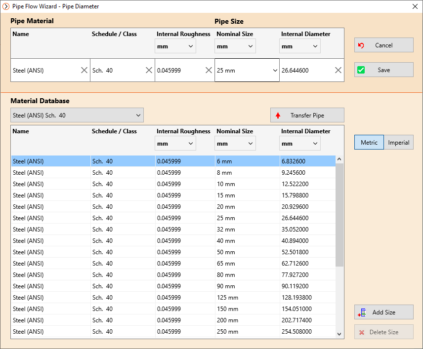 Pipe Flow Wizard Software Pipe Database Diameters Screenn Pipe Flow Wizard Software Pipe Database Diameters Screen