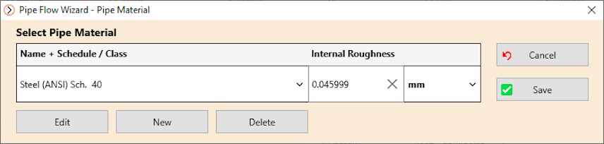 Pipe Flow Wizard Software Pipe Database Materials Screen